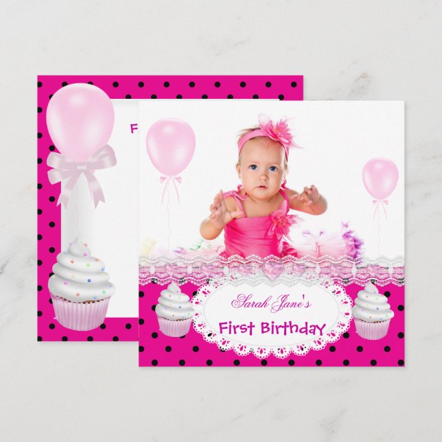 First Birthday 1st Girl Hot Pink Cupcakes Baby Invitation (Front/Back)