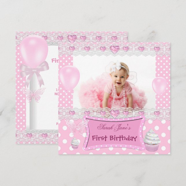 First Birthday 1st Girl Pink Baby Polka Dots Invitation (Front/Back)