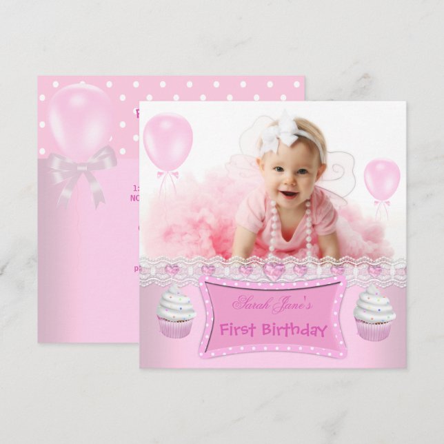 First Birthday 1st Girl Pink Cupcakes Baby 2 Invitation (Front/Back)