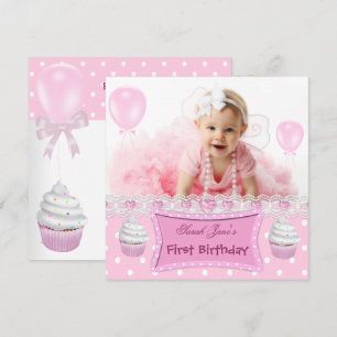 First Birthday 1st Girl Pink Cupcakes Baby Invitation