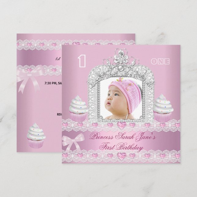 First Birthday 1st Girl Pink Princess Tiara Invitation (Front/Back)