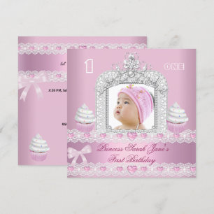First Birthday 1st Girl Pink Princess Tiara Invitation