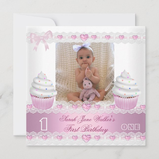 First Birthday 1st Girl White Pink Cupcake Baby 3 Invitation (Front)
