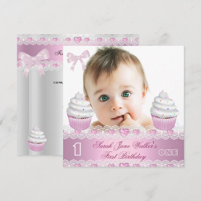 First Birthday 1st Girl White Pink Cupcake Baby 3 Invitation (Front/Back)