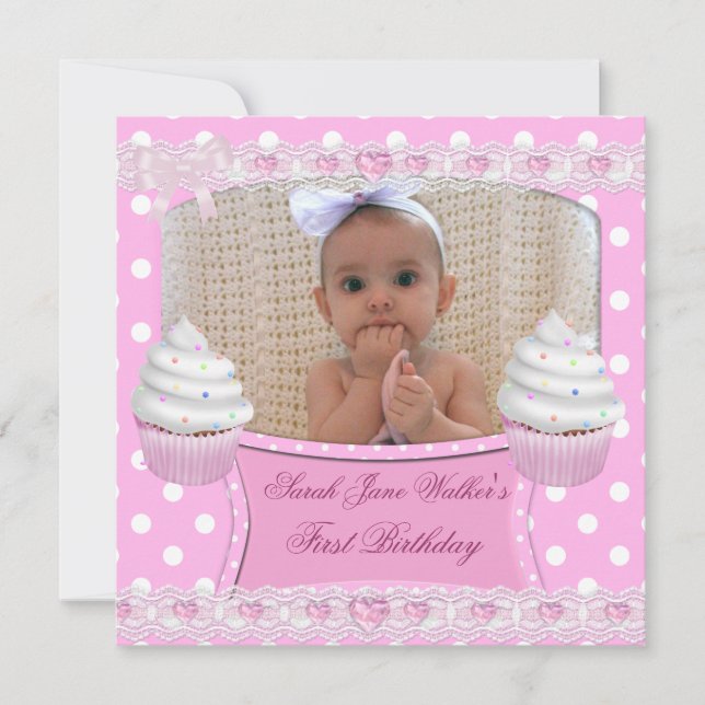 First Birthday 1st Girl White Pink Cupcakes Baby 6 Invitation (Front)