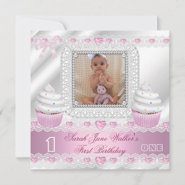 First Birthday 1st Girl White Pink Hearts Baby Invitation (Front)