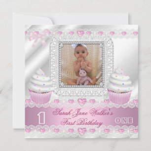 First Birthday 1st Girl White Pink Hearts Baby Invitation