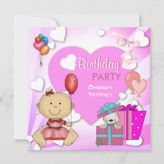 First Birthday 1st Party Cute Pink Hearts Girls 3 Invitation (Front)
