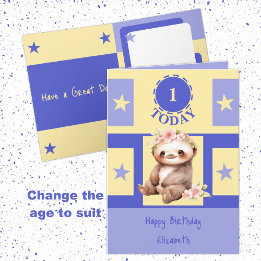 First Birthday add name cute sloth 1 today yellow Card