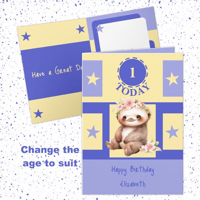 First Birthday add name cute sloth 1 today yellow Card (Creator Uploaded)