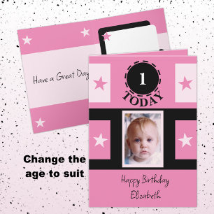 First Birthday add name photo 1 today pink Card