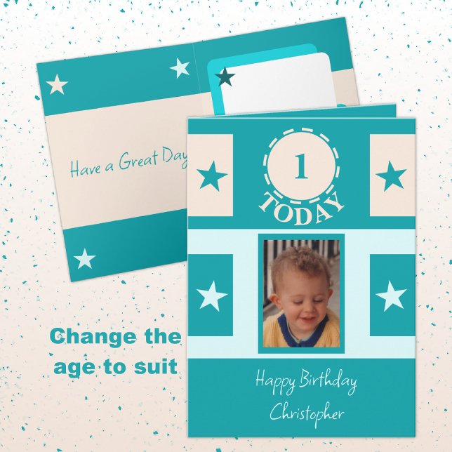 First Birthday add name photo 1 today turquoise Card (Creator Uploaded)