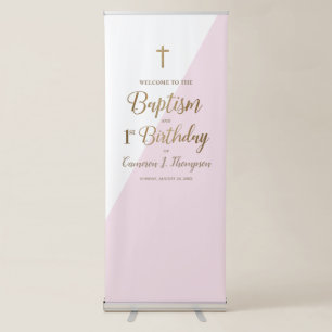 First birthday and Baptism Pink Gold Cross Welcome Retractable Banner