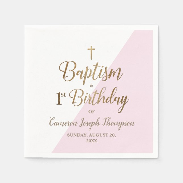 First Birthday and baptism Pink White Gold Cross Napkin (Front)