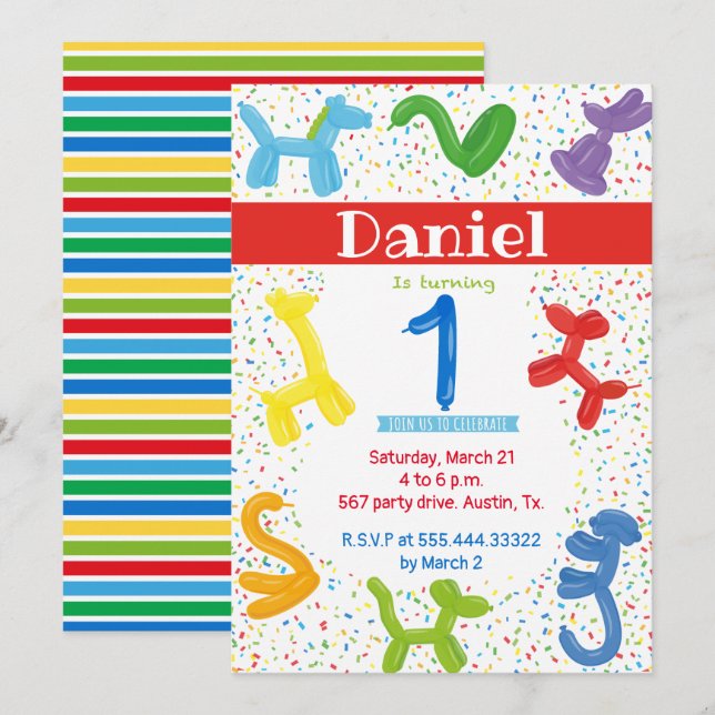 First birthday animals balloons invitation (Front/Back)