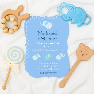 First Birthday Baby Boy Blue Elephants Invitation
