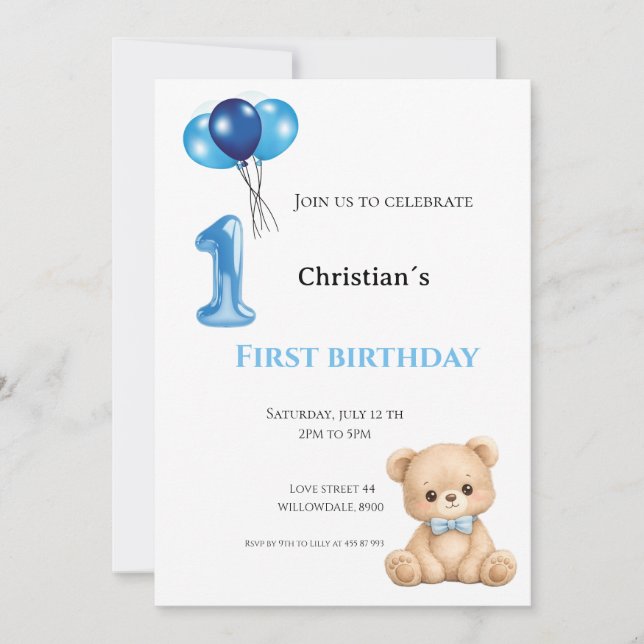 First Birthday baby boy Invitation (Front)