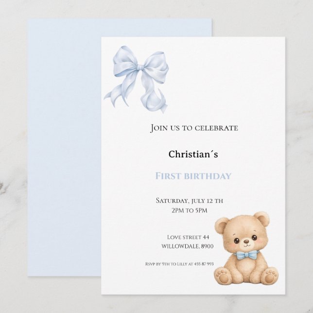 First Birthday baby boy Invitation (Front/Back)