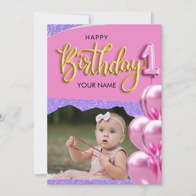 First Birthday Baby Girl Photo Design Invitation (Front)