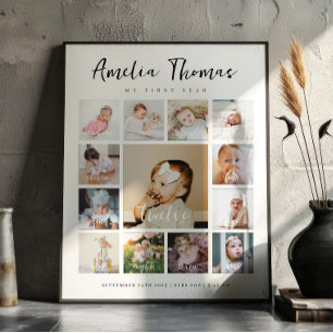 First Birthday Baby Milestone Sign w/ 12 Photos