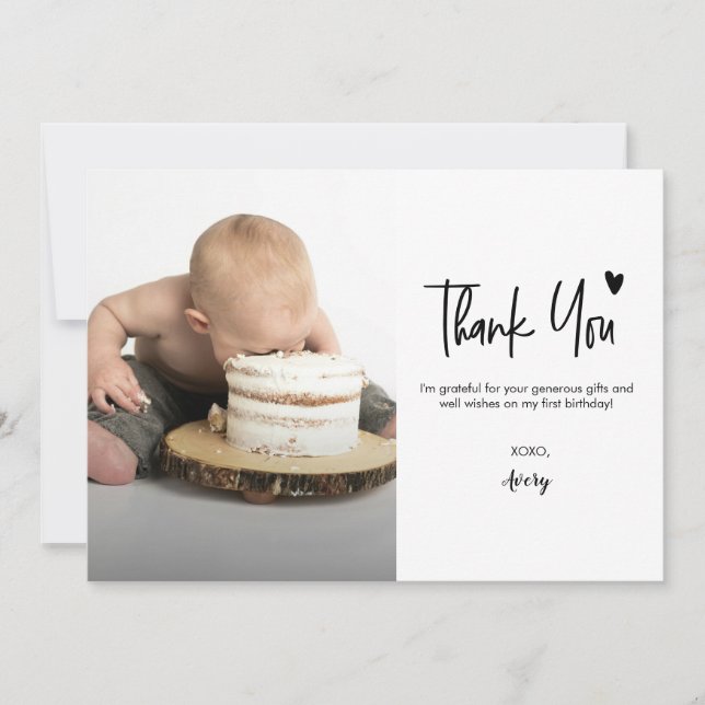 First Birthday Baby Photo Modern heart Script Thank You Card (Front)
