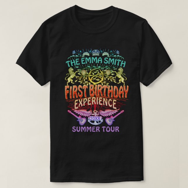 First Birthday Band Retro 70s Concert Logo Neon T-Shirt (Design Front)
