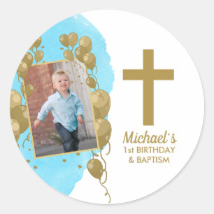 First Birthday Baptism Gold Balloons Photo Boy Classic Round Sticker