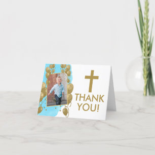 First Birthday Baptism Gold Balloons Photo Boy Thank You Card