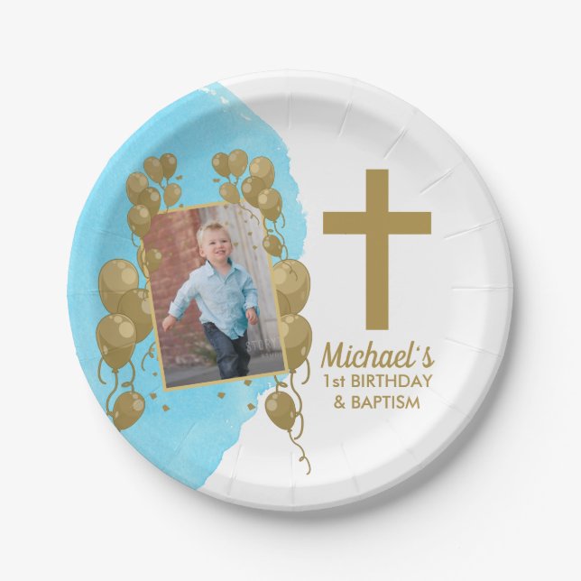 First Birthday Baptism Gold Balloons Photo Paper Plate (Front)