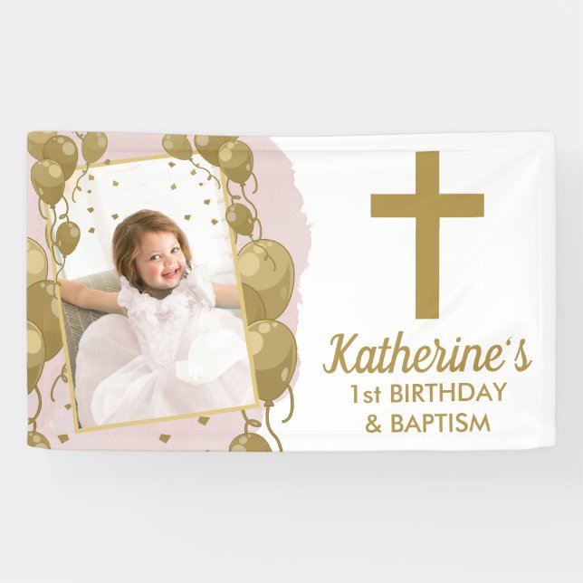 First Birthday Baptism Pink Gold Balloons Photo Banner (Horizontal)