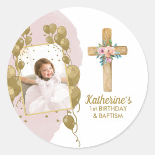 First Birthday Baptism Pink Gold Balloons Photo Classic Round Sticker