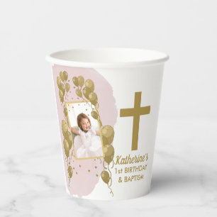 First Birthday Baptism Pink Gold Balloons Photo Paper Cups