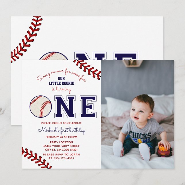First Birthday Baseball Photo Invitation (Front/Back)