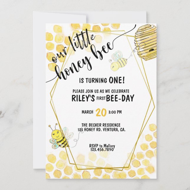 FIRST BIRTHDAY, BEE PARTY, BEE THEMED INVITATION (Front)