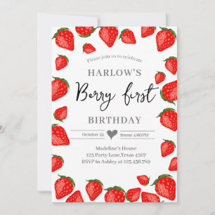 First Birthday Berry Girl Cute Strawberries 1st  I Invitation