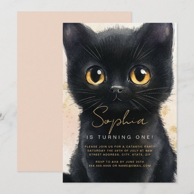 First Birthday Black Cat Invitation  (Front/Back)