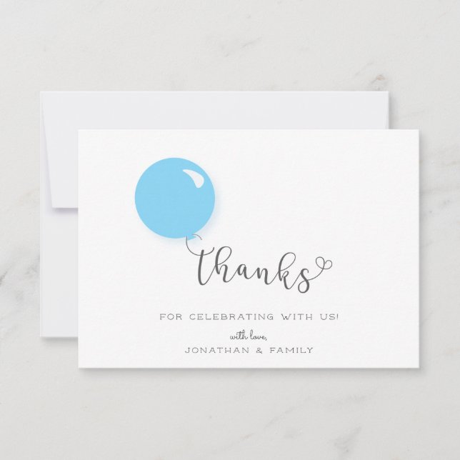 First Birthday Blue Balloon Thank You Card (Front)