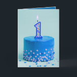 First Birthday Blue Cake and Candle Card<br><div class="desc">A beautiful birthday greeting card features a blue cake with a number 1 candle and sprinkles on the front and your custom greeting - or use ours - on the inside. You can change the saying,  the fonts,  the colours,  add names and a signature line,  too!</div>