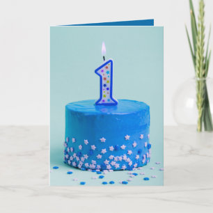First Birthday Blue Cake and Candle Card