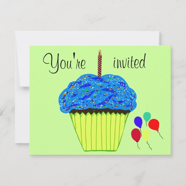 First Birthday Blue Cupcake Balloons Invitation (Front)