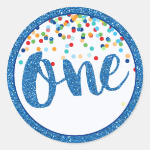 First Birthday Blue Glitter Round Sticker