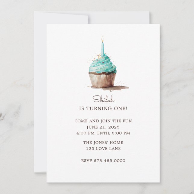 First Birthday Blue Green Cupcake Invitation (Front)