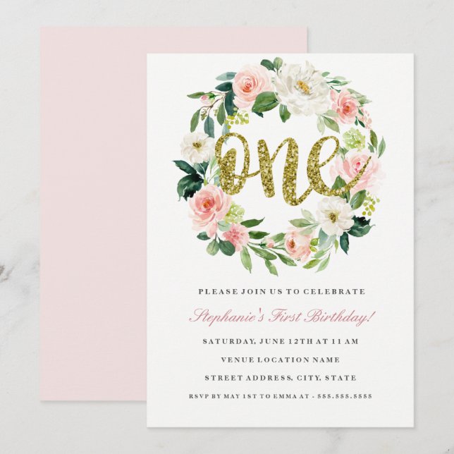 First Birthday Blush Gold Floral Wreath Invitation (Front/Back)