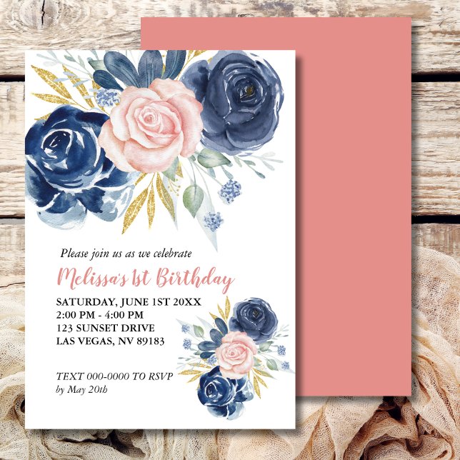 First Birthday Blush Pink Navy Blue Floral Photo Invitation (Creator Uploaded)