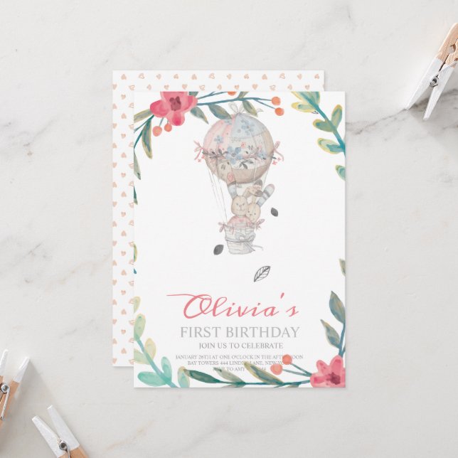 First Birthday Boho Hot air balloon birthday  Invitation (Front/Back In Situ)