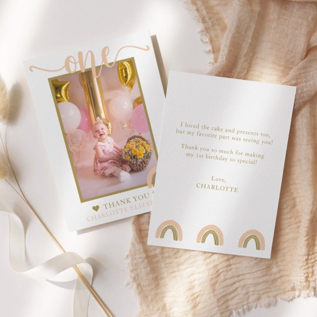 First Birthday Boho Rainbow Pink Gold Photo Thank You Card (Creator Uploaded)