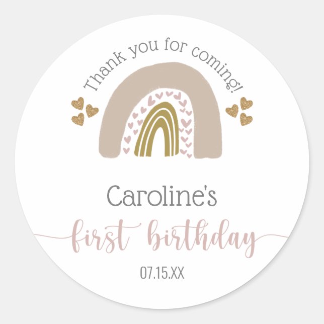 First Birthday Boho Rainbow Pink Gold Thank You Classic Round Sticker (Front)