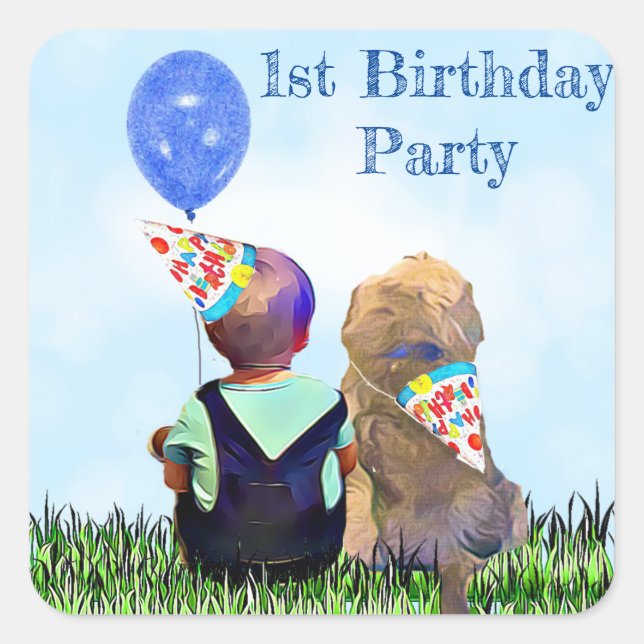 First Birthday Boy and Dog Square Sticker (Front)