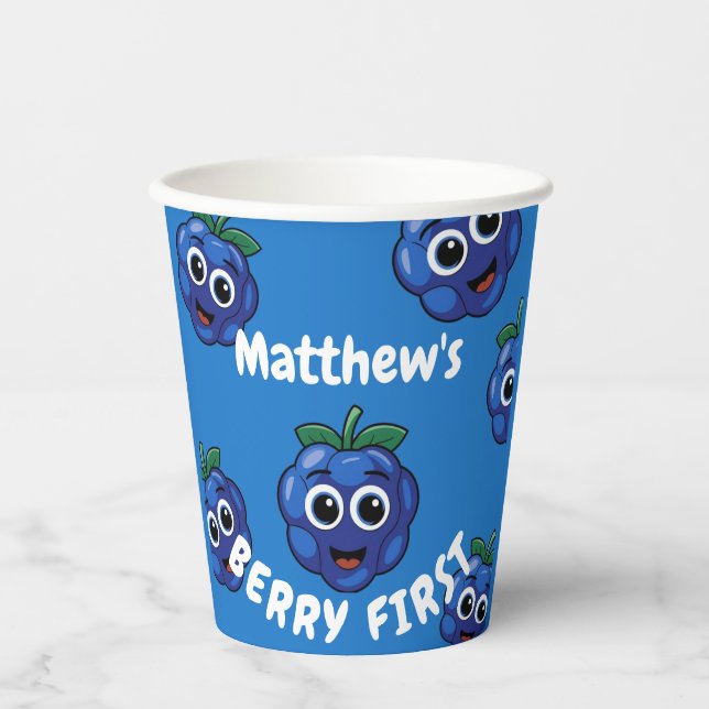 First Birthday Boy Blue Berry 1st Paper Cups (Front)