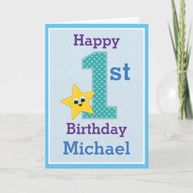 First Birthday Boy, Blue with Yellow Star Card (Front)